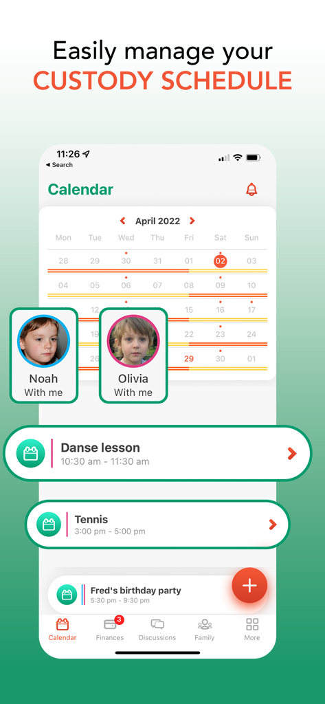 2houses: Better Co-parenting - Interfaccia del calendario condiviso e degli orari di custodia dell'app 2houses.