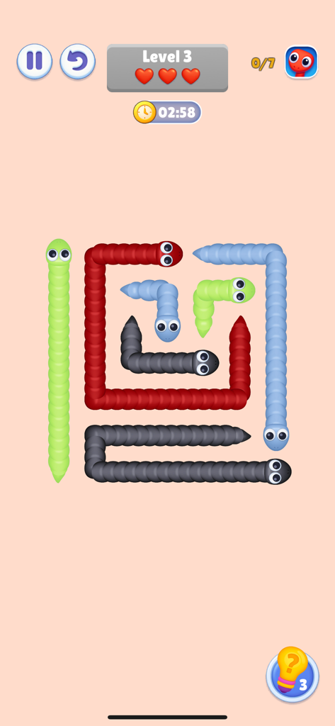 Bakeonix: Snake - Bakeonix Snake gameplay showing colorful snakes in a logic maze puzzle