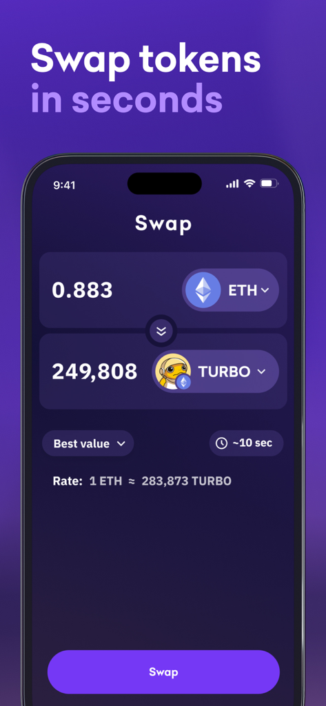 Kraken Wallet Mobile App-Oberfläche, die einen Token-Swap von Ethereum zu Turbo mit einem klaren Swap-Button unten anzeigt.