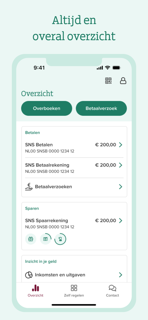 Panel móvil de la aplicación bancaria SNS que muestra saldos de cuenta y herramientas de gestión financiera