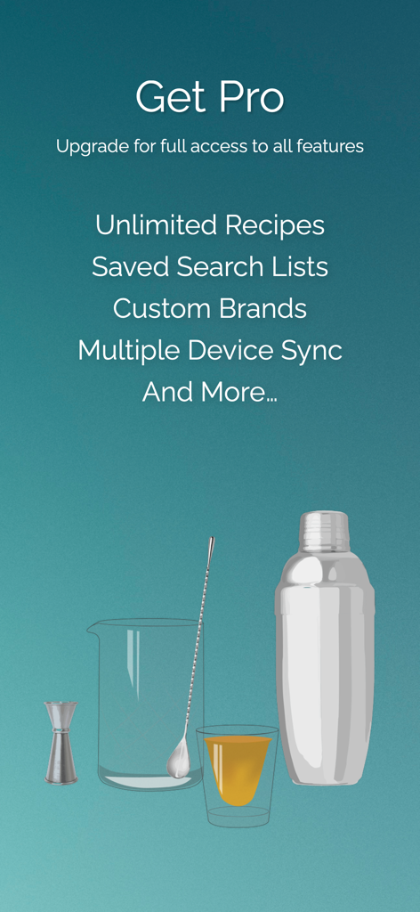 Mixology: The Last Word - 믹솔로지 라스트 워드 앱 Pro 업그레이드 화면으로, 칵테일 도구 일러스트 옆에 무제한 레시피 및 맞춤 브랜드와 같은 프리미엄 기능이 나열되어 있습니다.