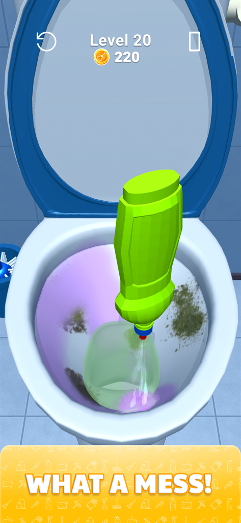 Una simulación 3D de una taza de inodoro sucia siendo limpiada con una botella de detergente verde en el juego móvil Deep Clean Inc.
