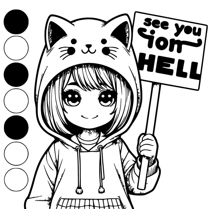 a realistic little girl wearing a cat hoodie holding a sign that says "see you in hell"