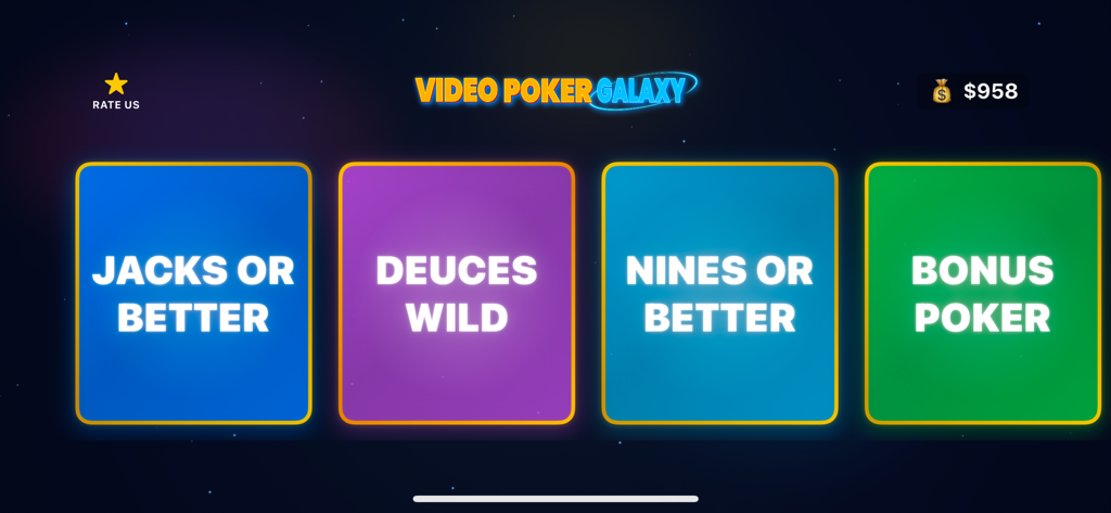 Pantalla de selección de juegos de Video Poker Galaxy que presenta variantes como Jacks or Better, Deuces Wild, Nines or Better y Bonus Poker