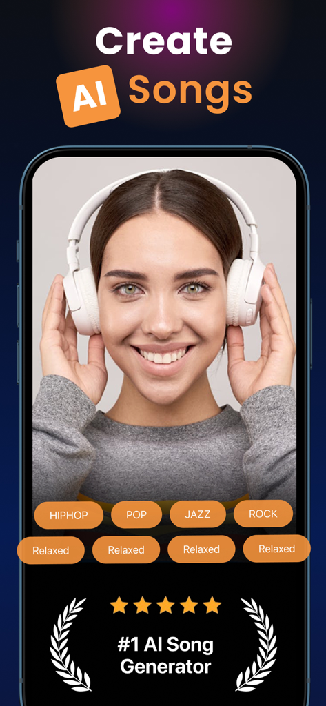 Schermata di uno smartphone che mostra l'interfaccia dell'app Suno AI con opzioni di genere musicale e una donna con le cuffie