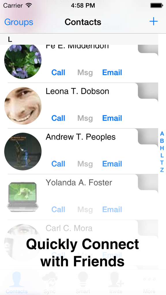 Interface of the Cloude app displaying a contact list with quick options to call, message, or email friends