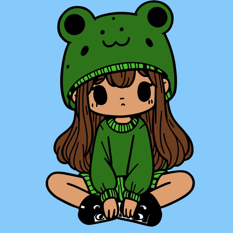 a girl wearing a frog hat and some frog socks