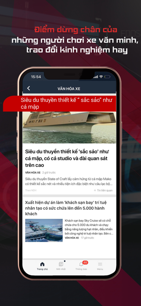 AutoPro - Interfaz de la aplicación AutoPro que muestra artículos sobre cultura de vehículos y diseños de lujo