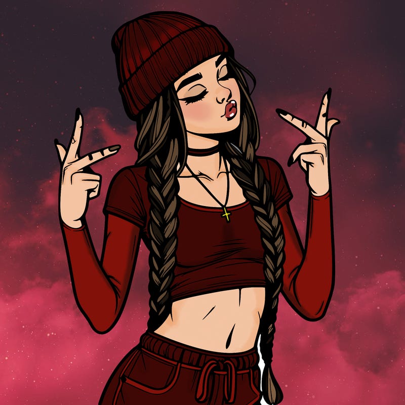 realistic teenage girl with braids and a beanie and crop top doing 🫶🏼
