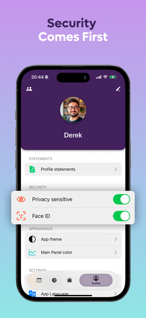 MoneySaver: Budget Planner App - MoneySaver app profile screen showing privacy settings and Face ID security options