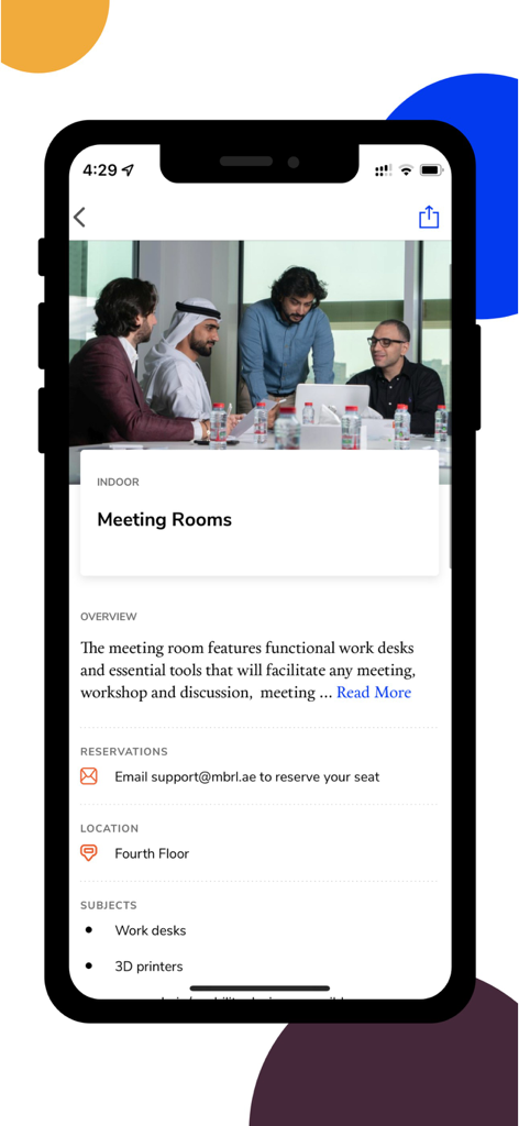 MBRL - Uma tela móvel do aplicativo MBRL mostrando informações sobre salas de reunião, localização e detalhes de reserva.