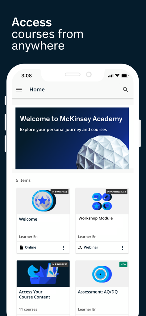 McKinsey Accelerate app home screen displaying professional development courses and modules.