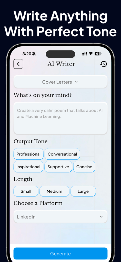 La fonctionnalité IA Rédacteur de l'application Mega AI montrant des options de ton et de longueur pour générer du contenu.