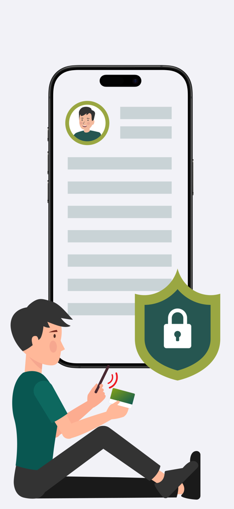 Ilustración de un usuario escaneando su Medi-Card en la aplicación Seguro DKV junto a un icono de escudo de seguridad.