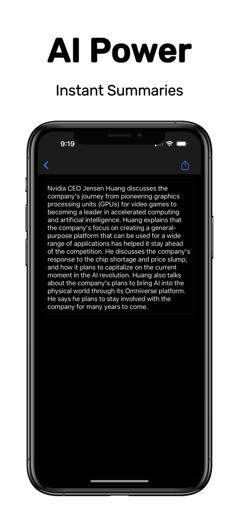 Viddle: No Ads Video Browser - Pantalla del iPhone mostrando la función de resumen instantáneo de video de IA en la aplicación Viddle.