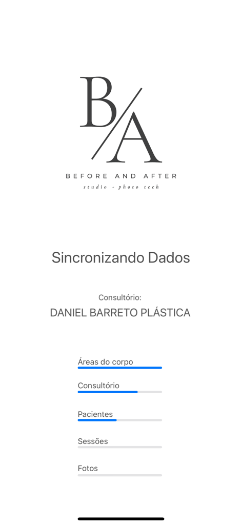 Data synchronization screen of the Before and After MedTech app for a plastic surgery clinic.