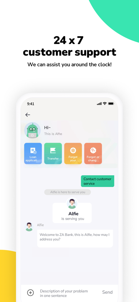 ZA Bank - ZA Bank App Benutzeroberfläche mit 24/7 Kundensupport und Alfie Chatbot