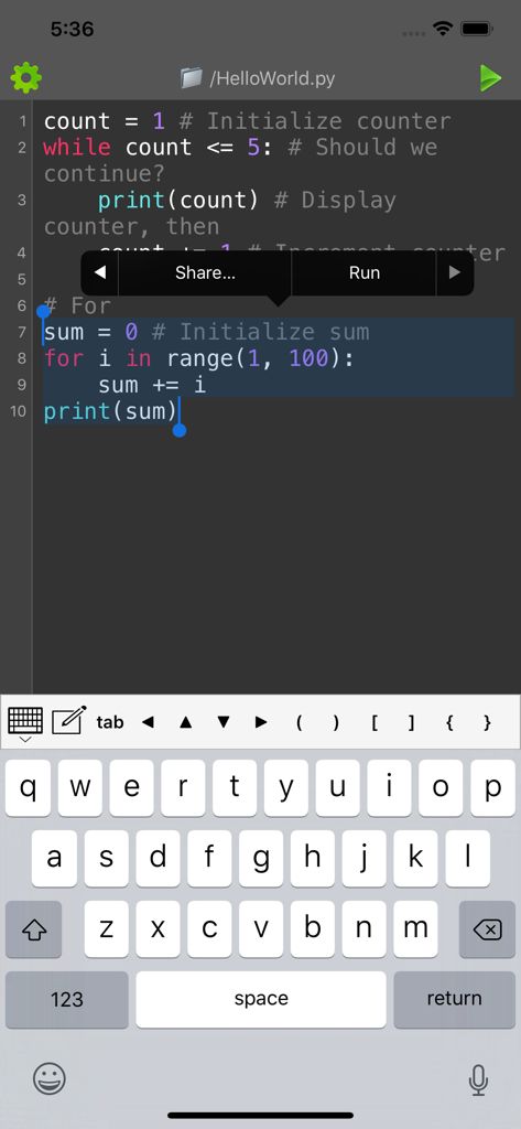 Mobile Python code editor with syntax highlighting and specialized programming keyboard