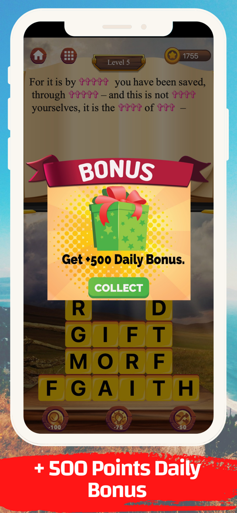 Bible Verse Word Puzzle - Bible Verse Word Puzzle daily bonus reward screen with a gift box