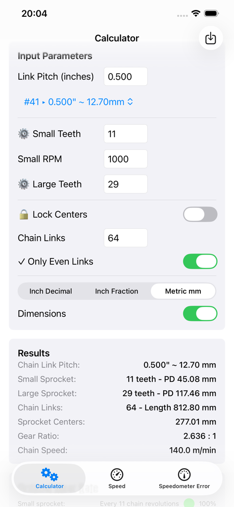 Chain & Sprocket Calculator - Chain and Sprocket Calculator app interface showing mechanical calculations for gear ratio and chain length