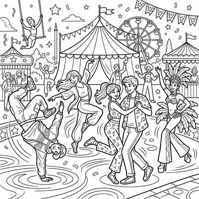 Step right up to a vibrant world of rhythm and color! This exciting coloring page features energetic teenage dancers celebrating amidst a lively carnival atmosphere, ready for your creative touch.