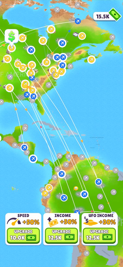 Fly Connect: Explore the World - Gameplay of Fly Connect showing airline routes across North and South America with tycoon upgrades