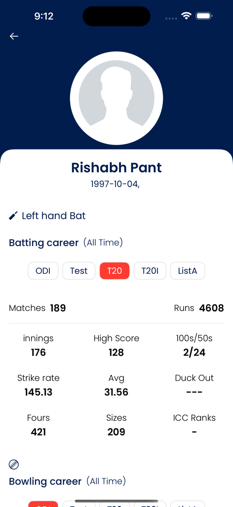 Live Star Sports - Rishabh Pantのクリケットプレイヤープロフィールに、Live Star Sportsアプリでの打撃キャリア統計が表示されています。