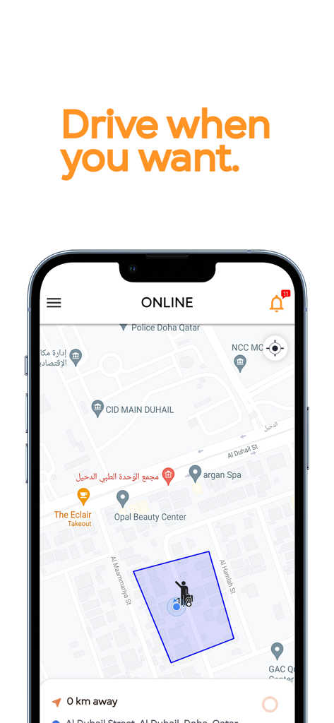 RYDE Driver - Qatar - RYDE Driver app showing an online status and map of Doha Qatar with the headline Drive when you want