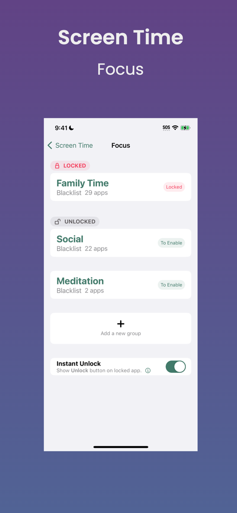 OmniLock - OmniLock app interface showing focus groups for screen time management and blacklisted apps