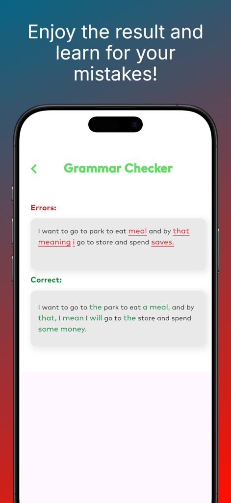 AI English Correction - Una interfaz de aplicación móvil de un corrector gramatical que muestra una frase original con errores y su versión corregida.
