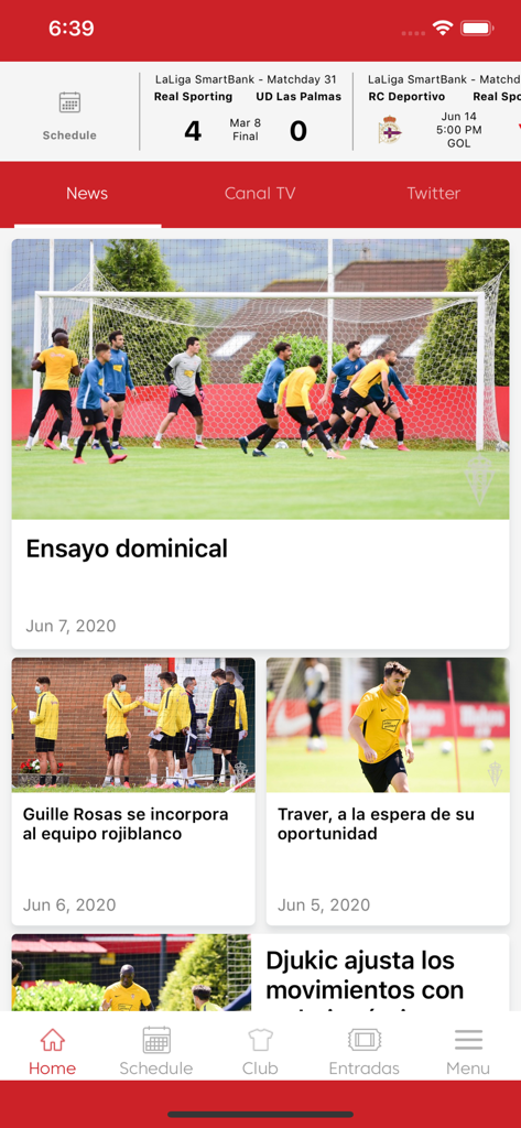 Real Sporting de Gijón App - Real Sporting de Gijon app news feed displaying match results and latest club updates