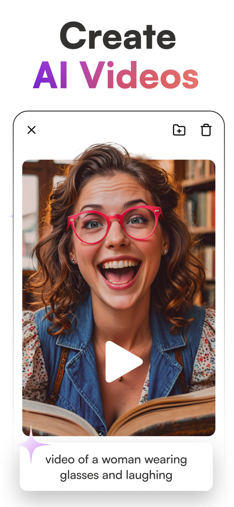 Captura de pantalla de la app starryai que muestra a una mujer riendo con gafas rojas en una biblioteca, creada a partir de un prompt de texto para generar videos IA.