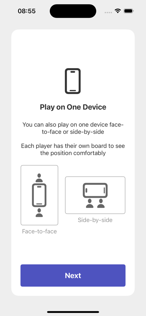 Pantalla de selección para ajedrez cara a cara o uno al lado del otro en un dispositivo