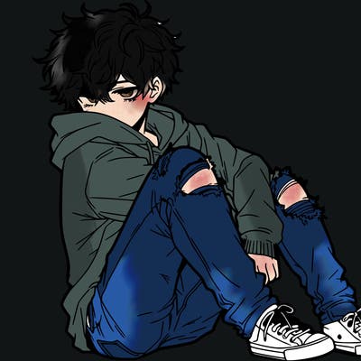 a male hoddie ripped jeans messy hair anime