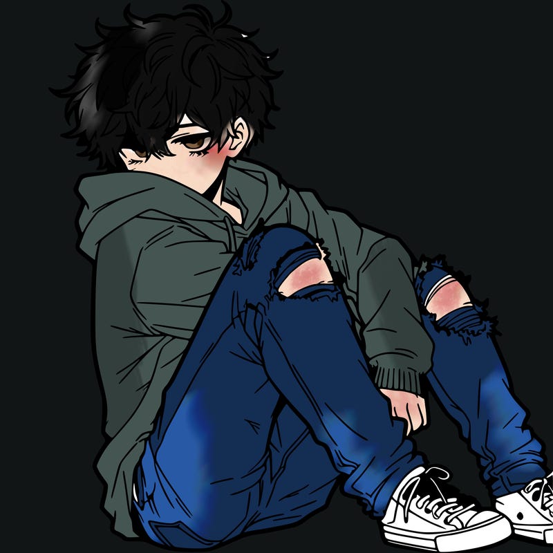 a male hoddie ripped jeans messy hair anime