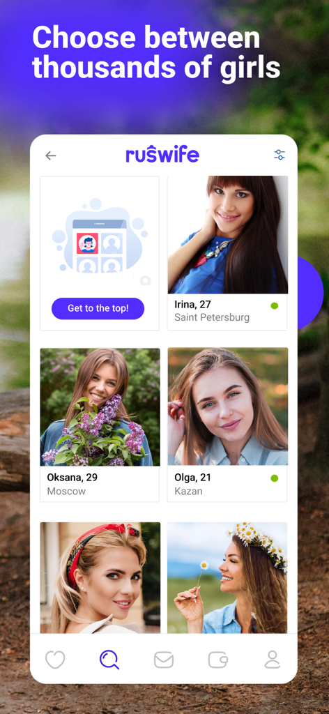 RusWife - Russian women - Benutzeroberfläche der RusWife-App mit Profilen russischer und slawischer Frauen für Dating