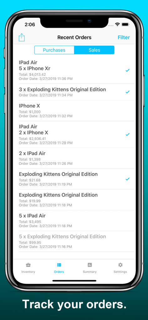 Inventory Now: product tracker - Captura de tela da tela de Pedidos Recentes no aplicativo Inventory Now mostrando uma lista de vendas e compras de produtos