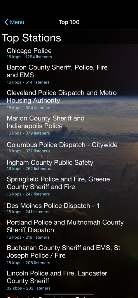 Police Scanner + - Un elenco delle stazioni radio di emergenza di polizia e vigili del fuoco più popolari all'interno dell'app mobile Police Scanner plus