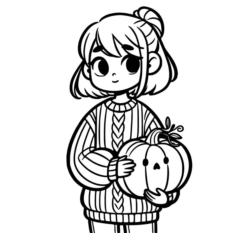 girl wearing a sweater holding a pumpkin