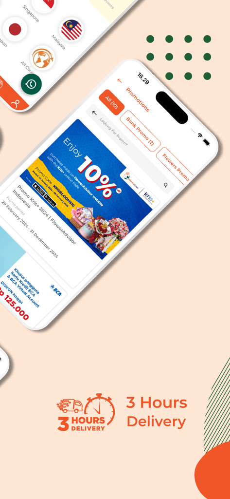 FlowerAdvisor - Flowers & Gift - FlowerAdvisor mobile app screen showing promotion banners and 3-hour delivery icon
