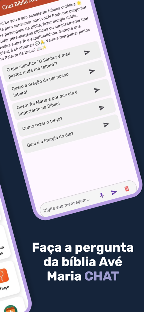 Bíblia Católica IA - Interfaz de chat de IA de la aplicación Biblia Católica IA mostrando preguntas bíblicas sugeridas y opciones de oración