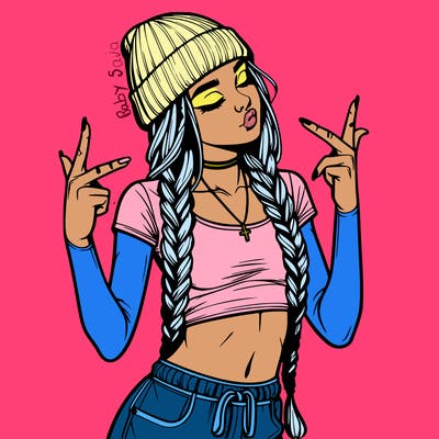 realistic teenage girl with braids and a beanie and crop top doing 🫶🏼