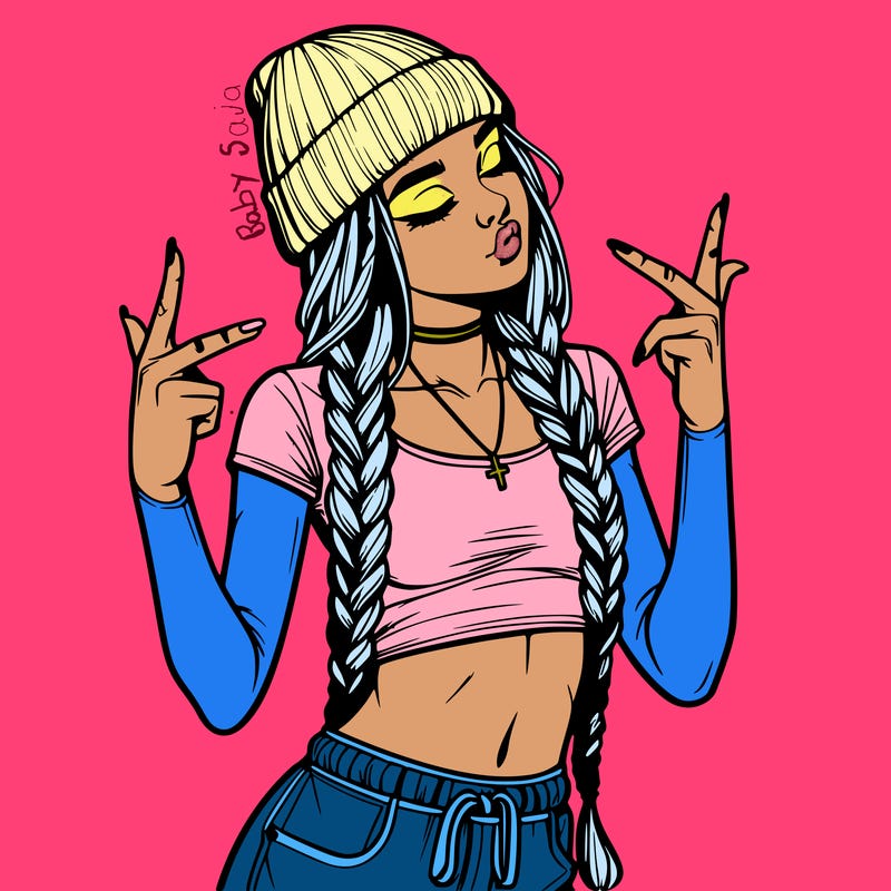 realistic teenage girl with braids and a beanie and crop top doing 🫶🏼