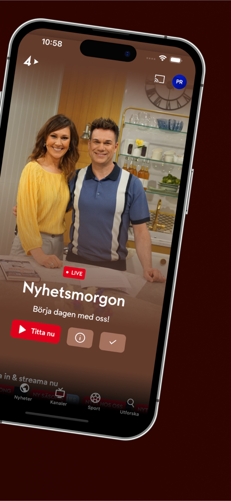 TV4 Play - Interface de l'application TV4 Play sur iPhone affichant la diffusion d'actualités en direct Nyhetsmorgon