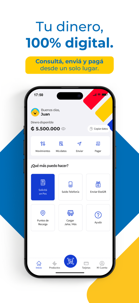 Eko Paraguay - Interfaz de la aplicación de banca móvil Eko Paraguay mostrando el saldo de la cuenta y los servicios financieros
