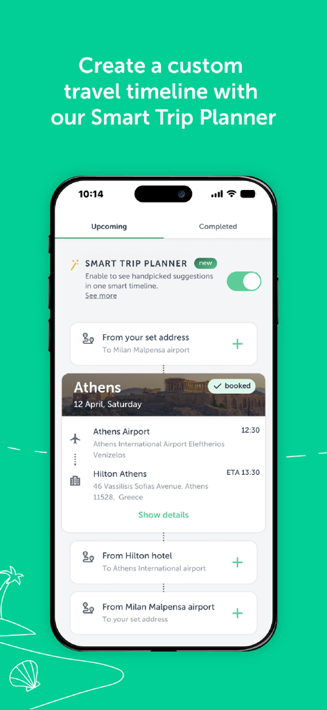 Aplicación Welcome Pickups que muestra la función de planificador de viajes inteligente con un cronograma de viaje para Atenas.