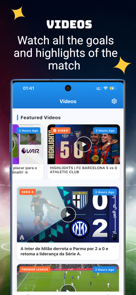 FutBR - futebol Ao Vivo - Schermata dell'app FutBR che mostra highlights delle partite di calcio in primo piano e video dei gol dai campionati internazionali.
