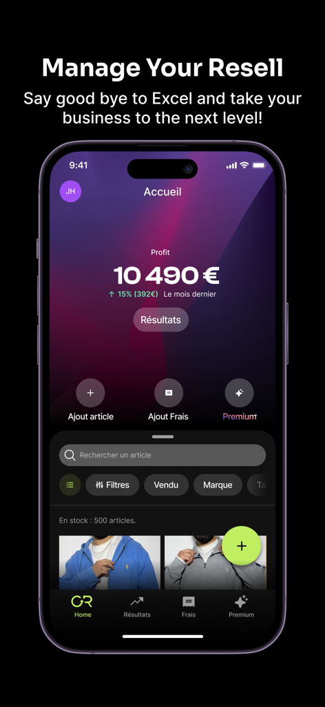 ControlResell 앱 홈 화면에 리셀 수익 및 재고 추적 도구가 표시됨