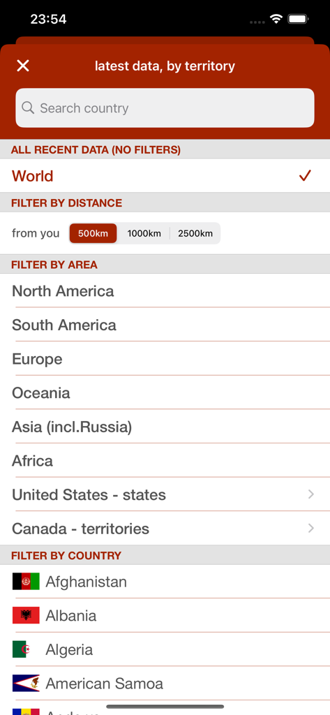 Earthquake - alerts and map - Earthquake app interface for filtering seismic events by country and region
