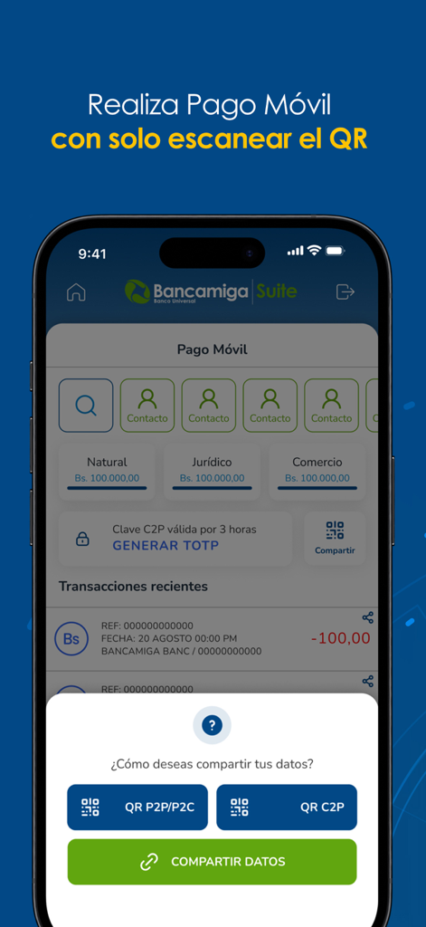 Bancamiga Suite - Bancamiga Suite mobile app interface showing QR code options for P2P and P2C mobile payments